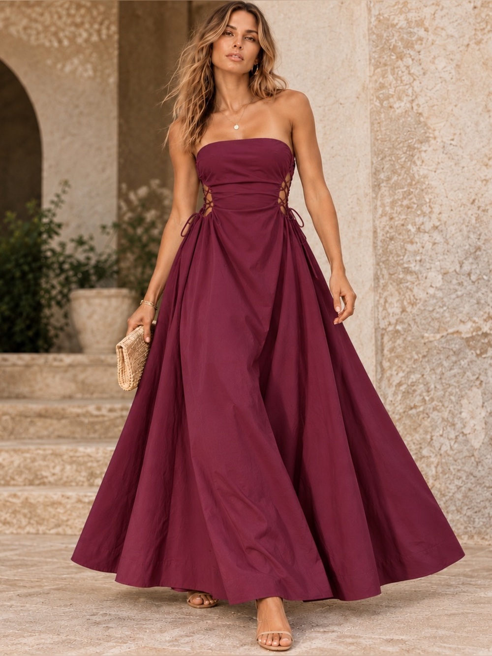 ASOS Burgundy Strapless Lace Up Waist Cutout Maxi Dress Size 2